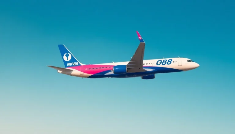 NK88 airplane soaring through a clear blue sky, showcasing modern aviation innovation.