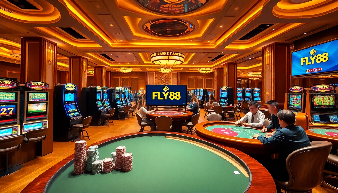 Casino gaming scene featuring nhà cái FLY88 logo with vibrant slots and poker action.