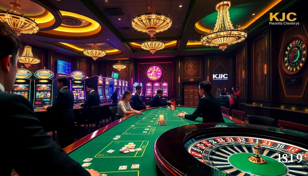 KJC casino scene with players at poker tables and vibrant slot machines amidst an exciting atmosphere.