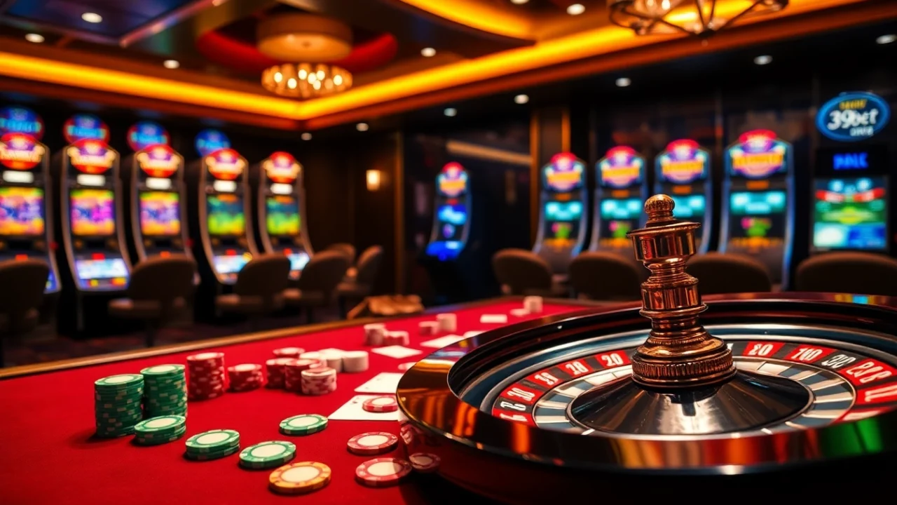 Engaging scene at 39bet casino with vibrant poker chips and roulette wheel.