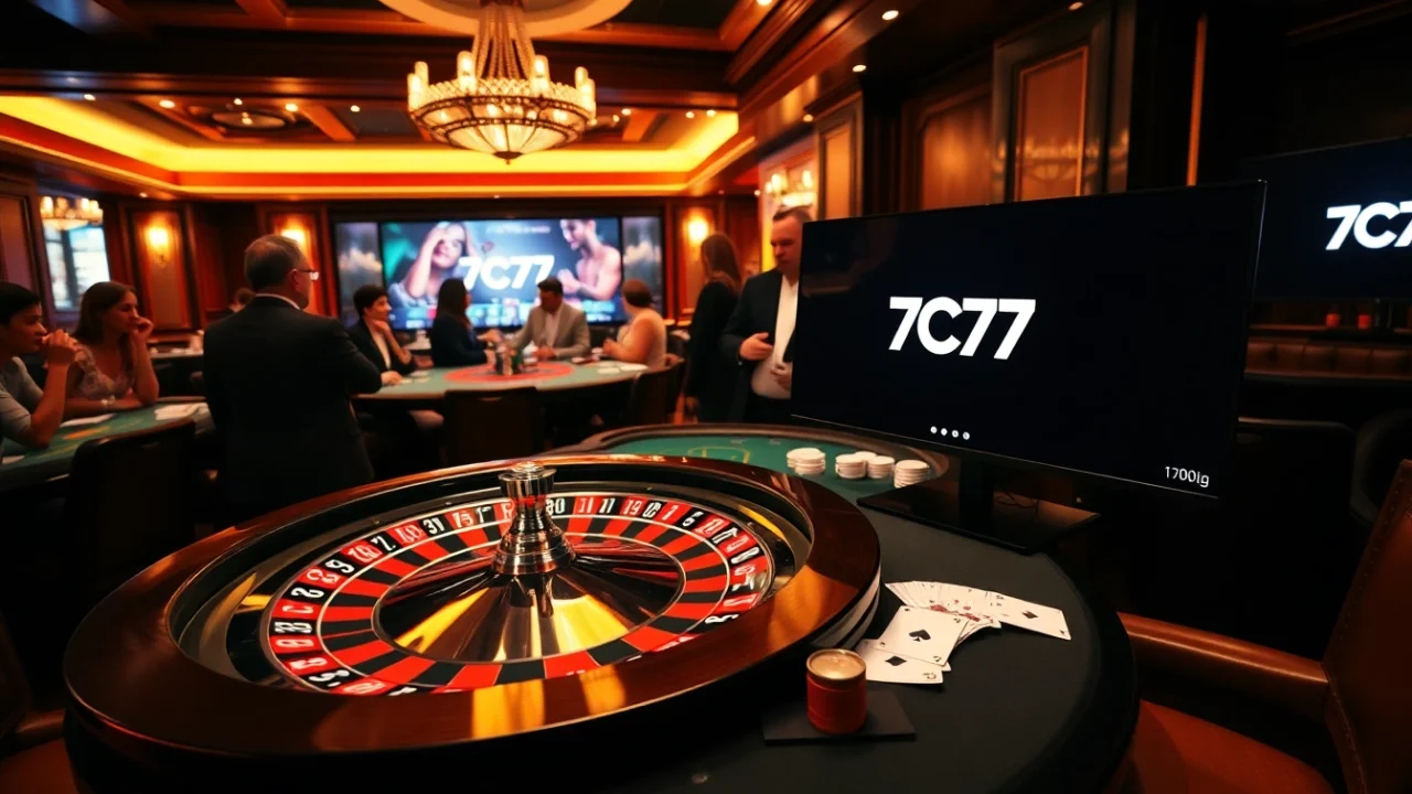 Experience the vibrant energy of 7C77 casino with real players at the roulette wheel and poker table.