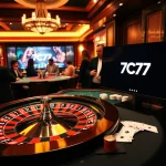 Experience the vibrant energy of 7C77 casino with real players at the roulette wheel and poker table.