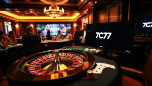 Experience the vibrant energy of 7C77 casino with real players at the roulette wheel and poker table.