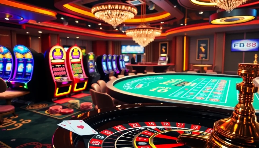Experience thrilling online gaming at FB88 with vibrant casino tables, roulette wheels, and poker chips.