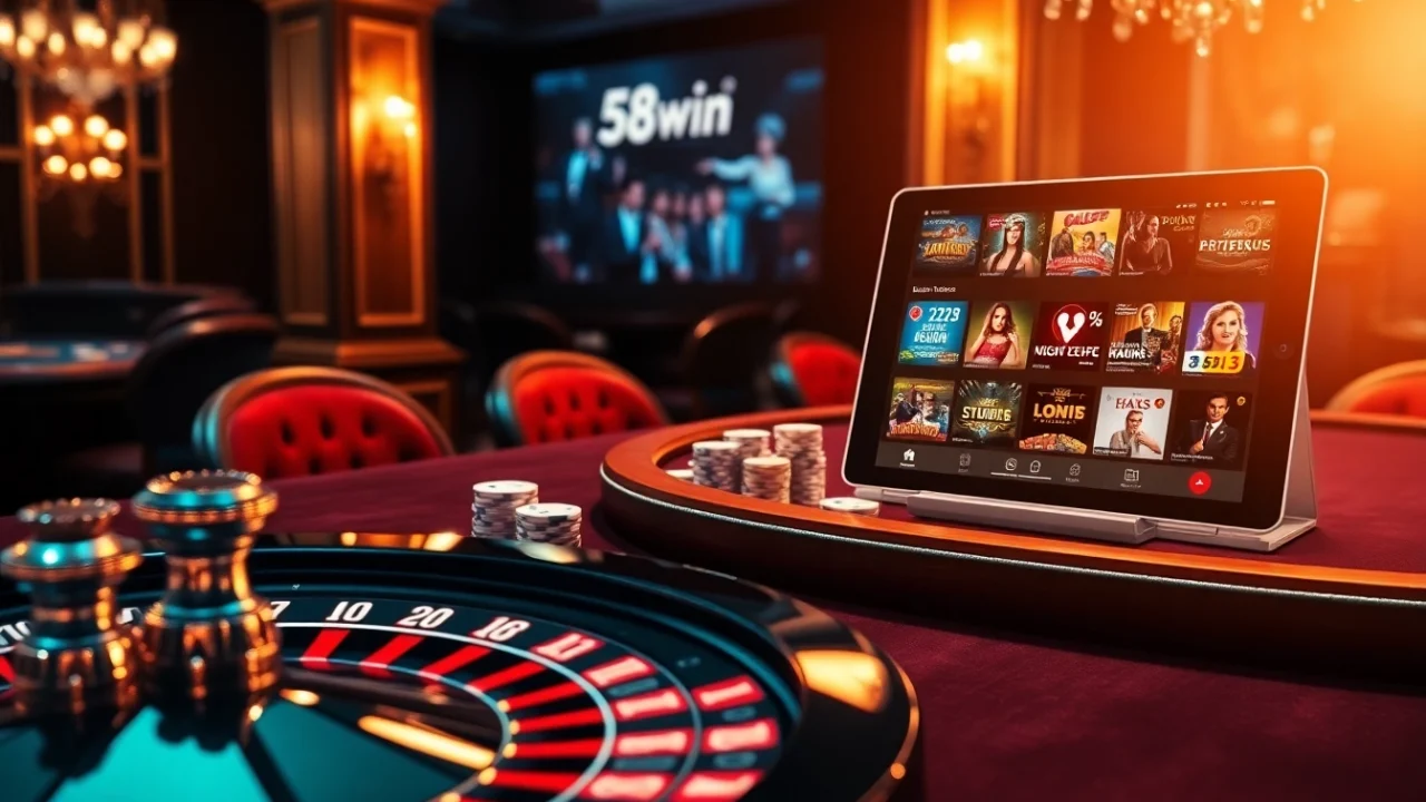 Experience high-stakes gambling at 58win with vibrant poker chips and a beautifully illuminated roulette wheel.