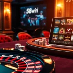 Experience high-stakes gambling at 58win with vibrant poker chips and a beautifully illuminated roulette wheel.