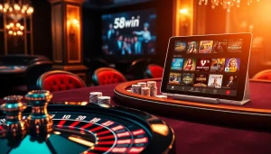 Experience high-stakes gambling at 58win with vibrant poker chips and a beautifully illuminated roulette wheel.