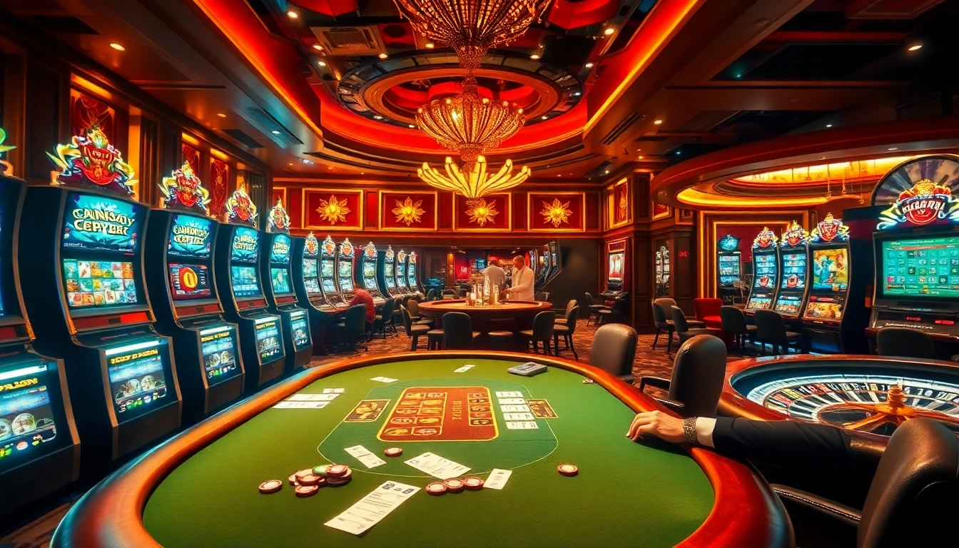 Players engaging in high-stakes poker excitement at https://rr99net.com/ with vibrant slot machines.