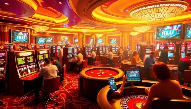 11UU casino scene featuring vibrant slot machines and players at poker tables in an exciting atmosphere.