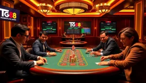 High-stakes poker players engaging in a tense game at TG 88 casino table.