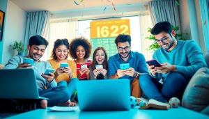 Excited players engaging on the 92 lottery platform with devices in a lively setting.