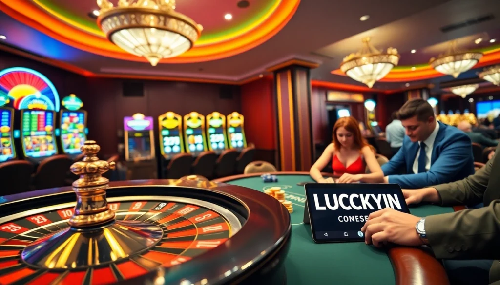 LUCKYWIN casino scene with vibrant roulette wheel and excited players enjoying their gambling experience.