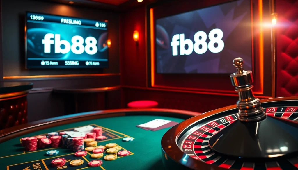 Experience high-stakes action at Fb88 with vibrant casino tables, folding cards, and roulette excitement.