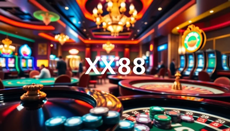 Engaged players at the luxurious XX88 online casino, showcasing excitement and vibrant gambling elements.