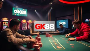 Intense poker gameplay at a casino table featuring GK88 logo amidst colorful chips and roulette wheel.