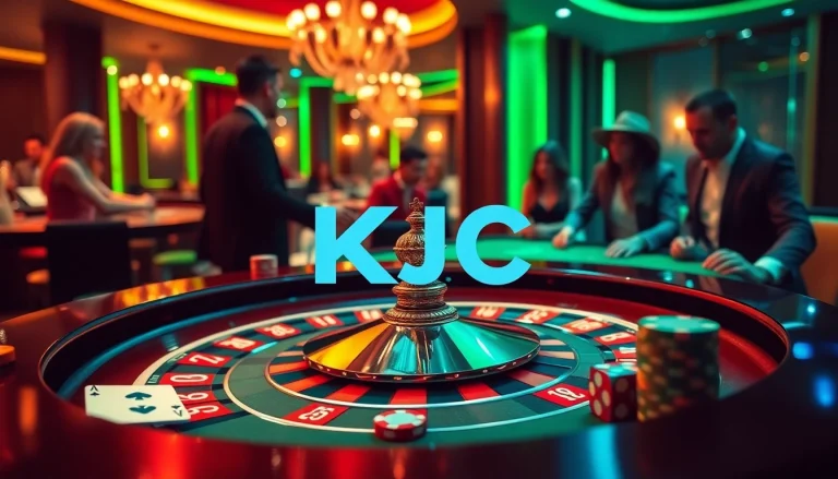 KJC roulette table filled with chips and cards, showcasing an exciting casino experience.