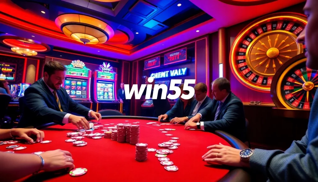 Players enjoying thrilling blackjack action at win55 casino tables with vibrant chips and cards.