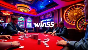 Players enjoying thrilling blackjack action at win55 casino tables with vibrant chips and cards.