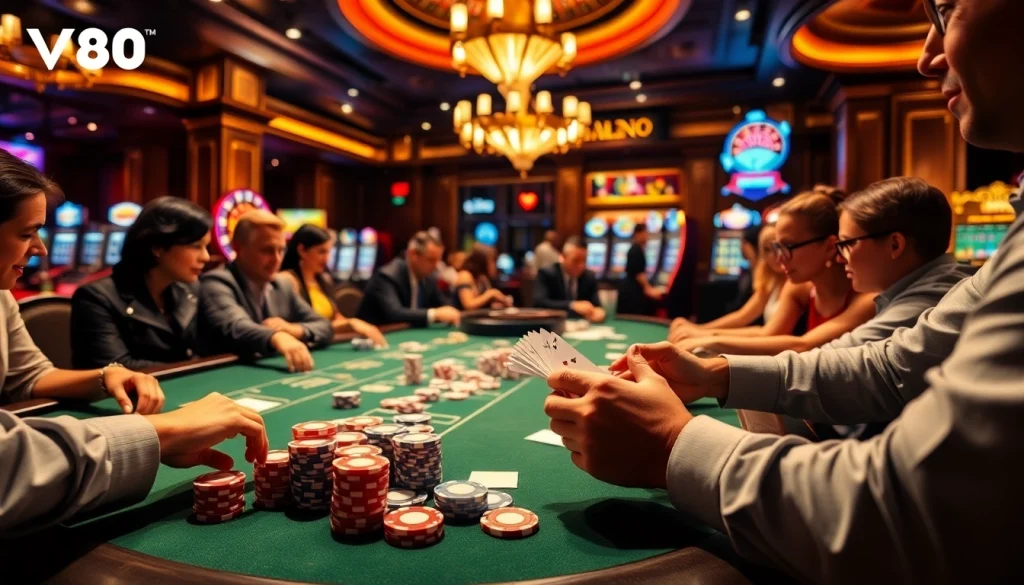 Gambling players enjoy poker at the VJ88 casino platform, highlighting professional gameplay and vibrant atmosphere.