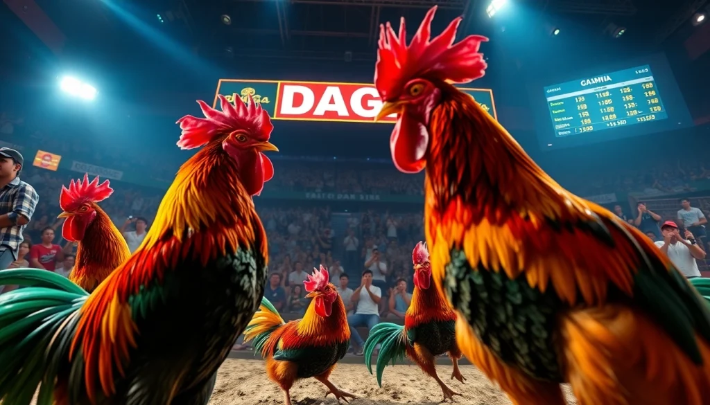 Dynamic live cockfighting action at dagawin.live, showcasing competitive roosters and an excited crowd atmosphere.