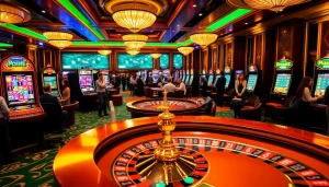 Engaging scene of players at 888new online casino, featuring elegant tables and vibrant slot machines.