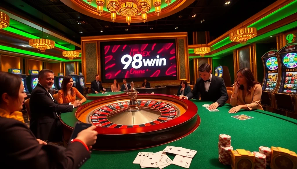 Engage with the thrilling atmosphere of link 98win casino featuring poker tables and roulette wheels.