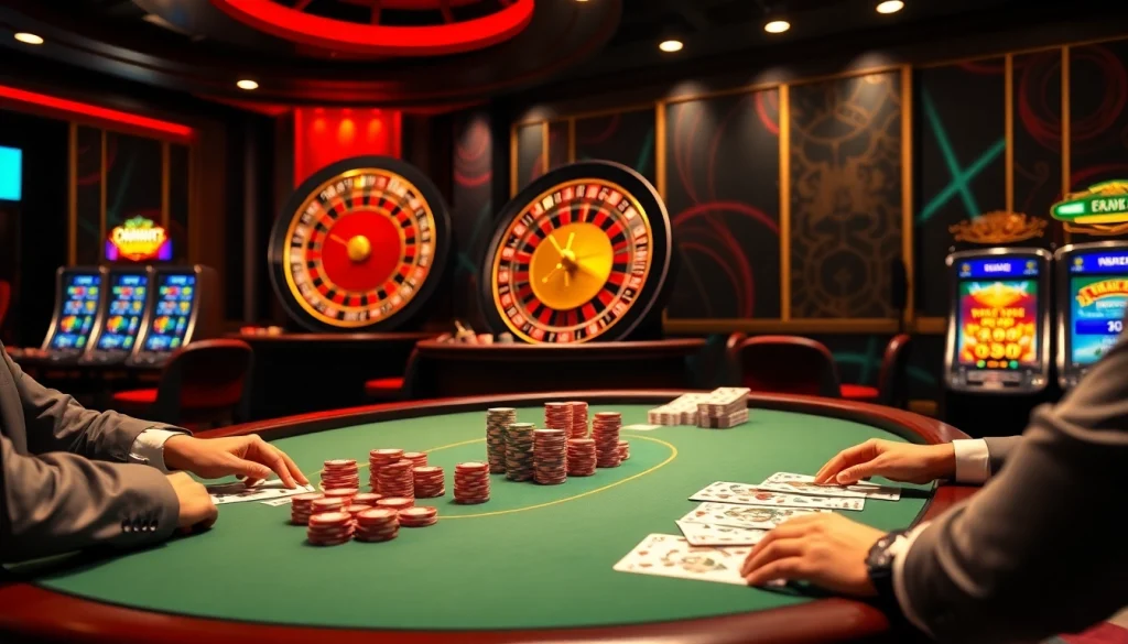 Experience the thrill of winning big with luckywin at a luxurious casino table featuring poker, roulette, and vibrant slot machines.