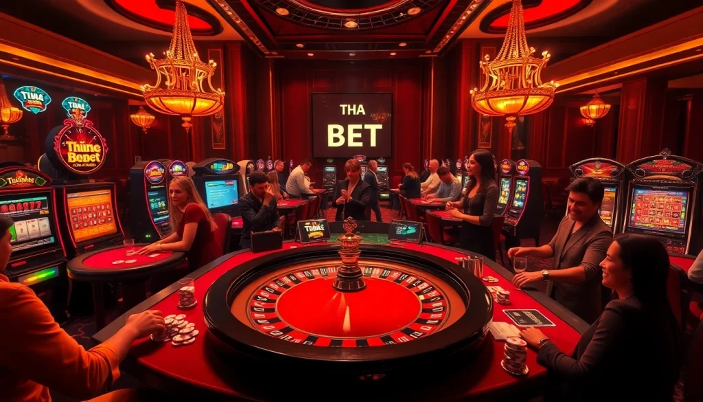 Experience the thrill of THA BET at a lively casino table with engaging players and dynamic gaming action.