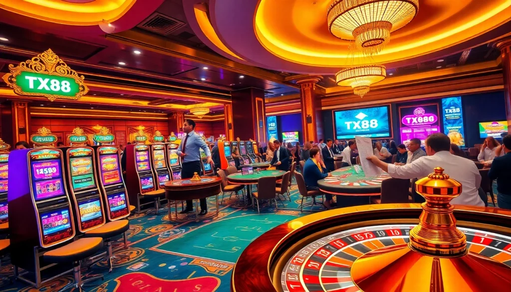 Experience the excitement of gambling with TX88 at a luxurious casino featuring a roulette wheel and vibrant slot machines.