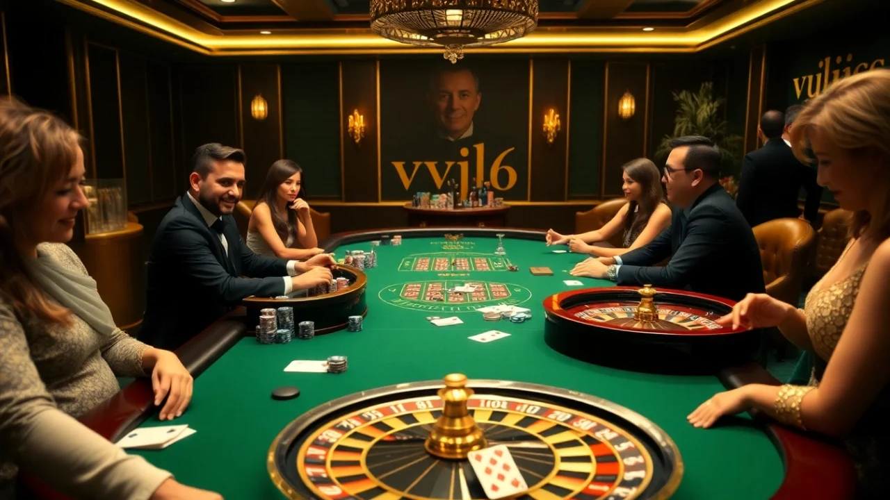 Experience thrilling gameplay at https://www.vvjl6.com/ with an elegant casino scene featuring gleaming poker chips and excitement.