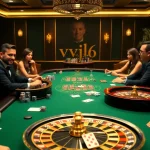 Experience thrilling gameplay at https://www.vvjl6.com/ with an elegant casino scene featuring gleaming poker chips and excitement.