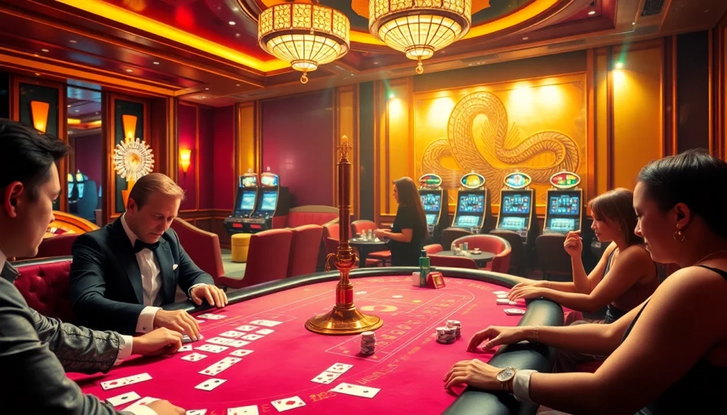 SX88-themed casino lounge showcasing intense gameplay at elegant tables.