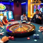 Experience the thrill of febet with vibrant casino visuals featuring players at a gaming table.