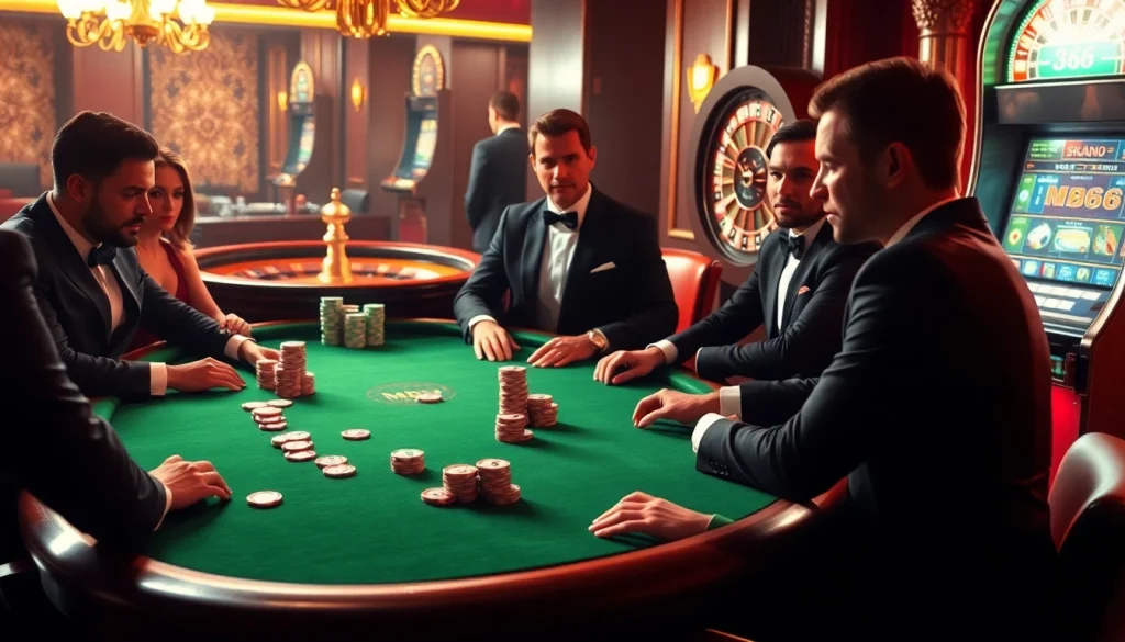 Experience the excitement of MB66 at a lavish poker game with colorful chips and a roulette table.