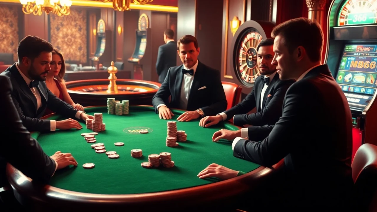 Experience the excitement of MB66 at a lavish poker game with colorful chips and a roulette table.