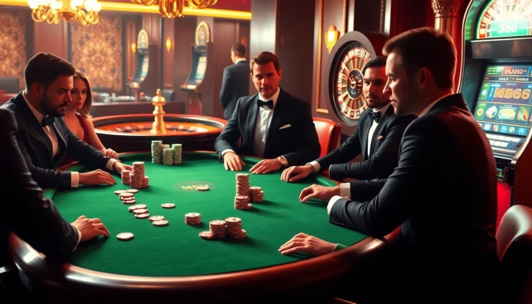 Experience the excitement of MB66 at a lavish poker game with colorful chips and a roulette table.