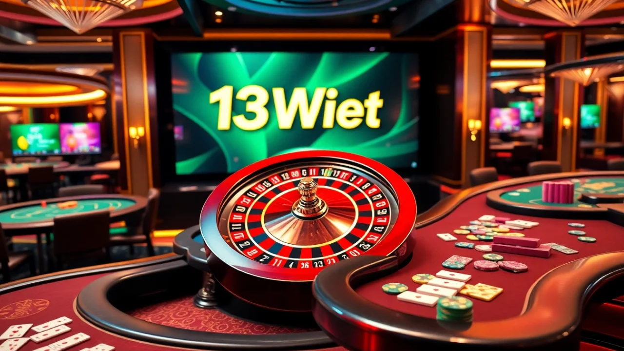 Experience the thrill of 13Win bet at a luxurious casino with vibrant gambling tables and poker chips.