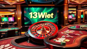 Experience the thrill of 13Win bet at a luxurious casino with vibrant gambling tables and poker chips.