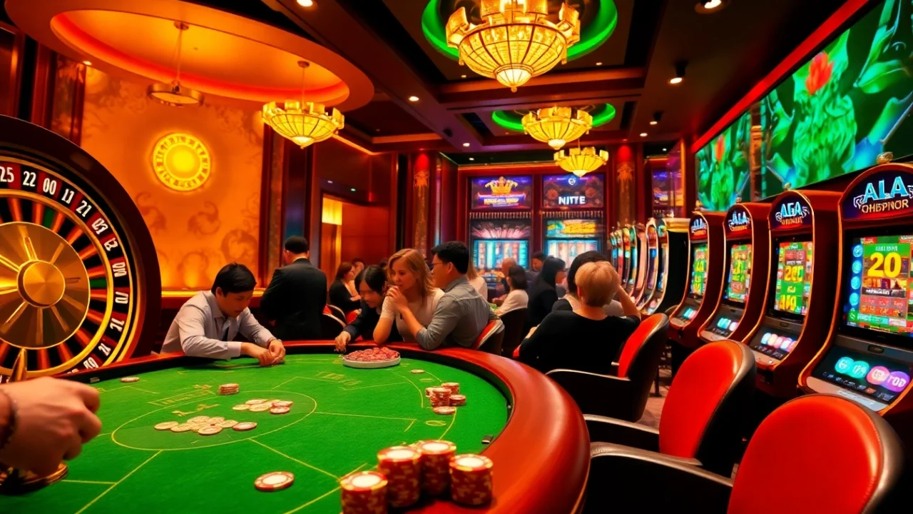 Gamblers enjoy link tài xỉu md5 at a vibrant casino table surrounded by excitement.