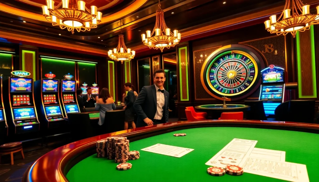 A J8-themed casino gaming room featuring poker tables, slot machines, and a roulette wheel in action.
