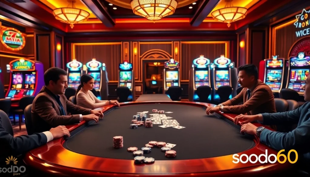 Players enjoying a thrilling game of poker at sodo66's elegant casino.