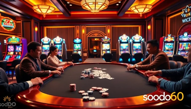 Players enjoying a thrilling game of poker at sodo66's elegant casino.