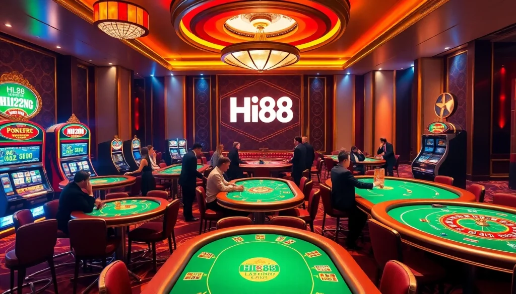 Players enjoying high-stakes games at Hi88 casino, surrounded by vibrant slot machines and elegant decor.