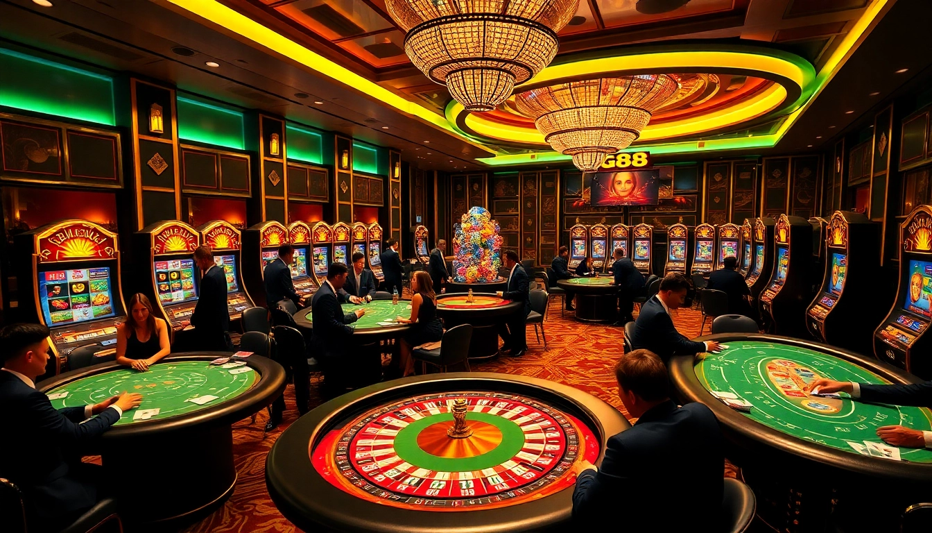 Intense gaming at GG88 Casino with vibrant tables and luxurious poker chips.