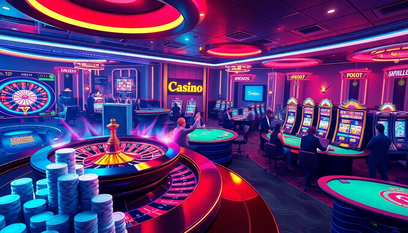 Experience the excitement at link luck8, where players engage in vibrant casino games surrounded by neon lights and professional design.