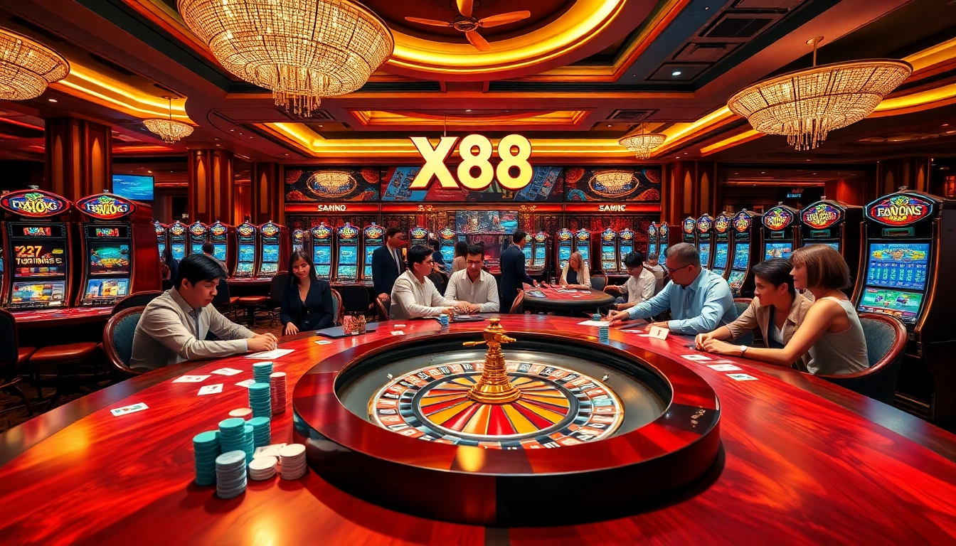 X88 casino scene with captivating slot machines and engaging players at poker tables.