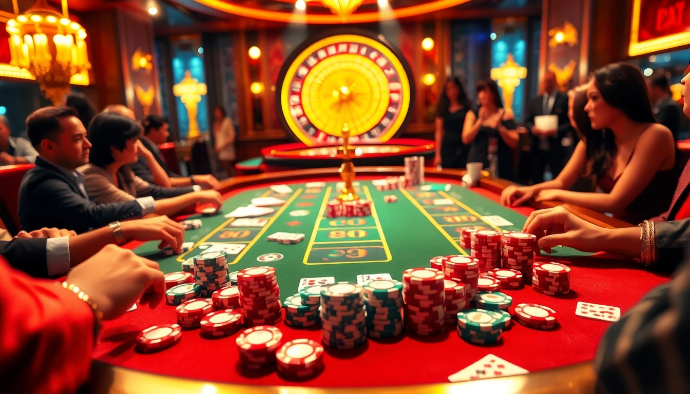 Excited players enjoying a game at Luckywin casino with poker chips and a roulette wheel.