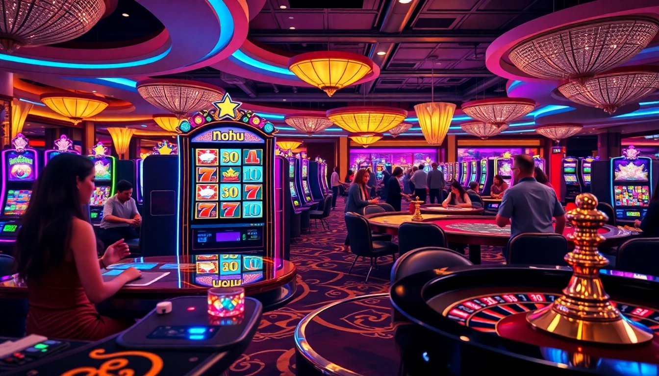 Nohu-themed slot machine in a vibrant casino setting attracting enthusiastic gamblers to play.