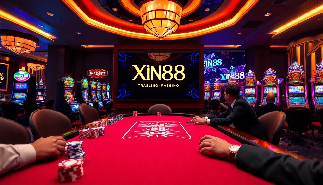 Xin88 gambling scene with poker chips, a modern gaming table, and vibrant slot machines in a luxurious casino.