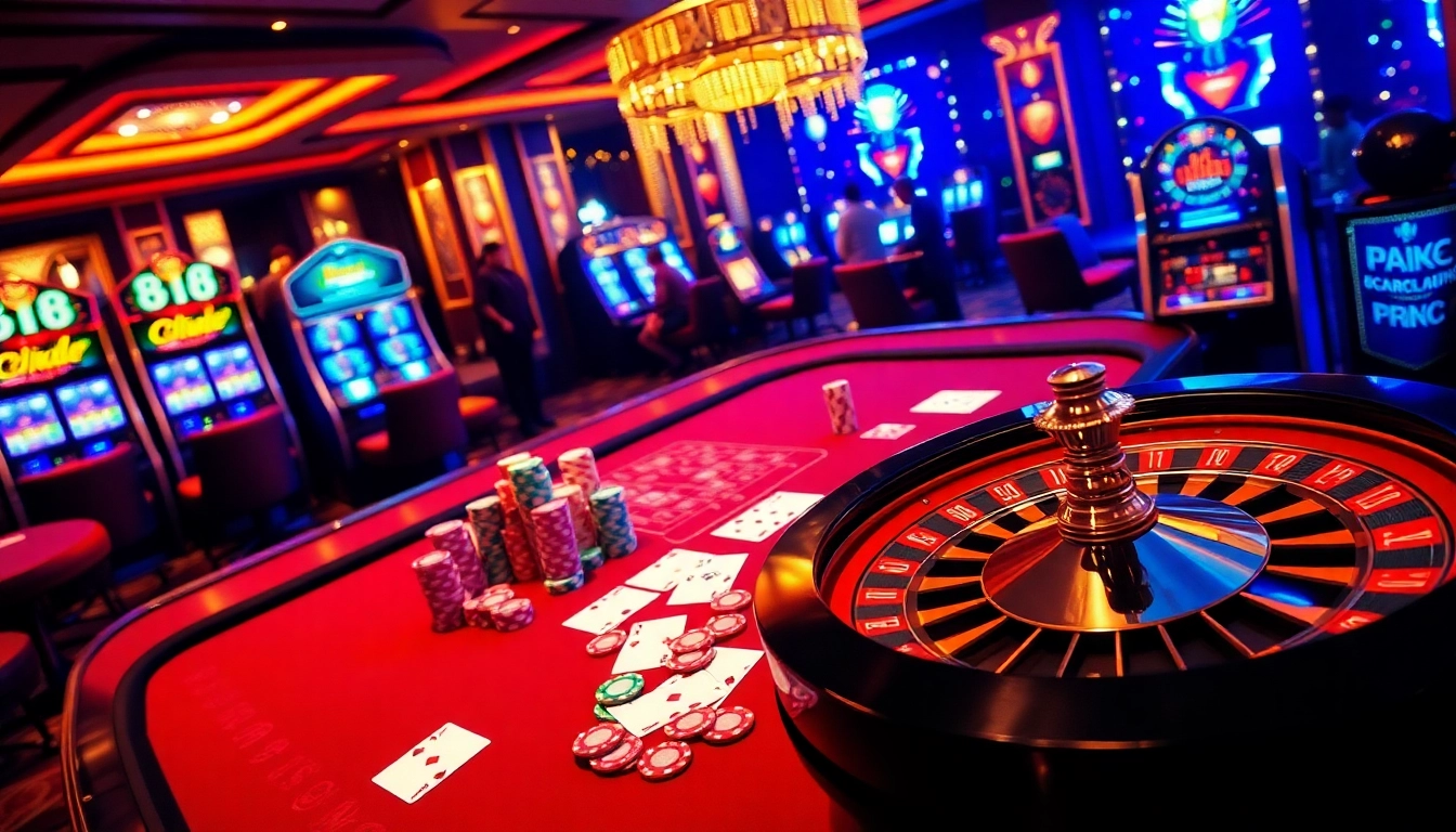 Experience BJ88's vibrant casino atmosphere with poker chips and roulette tables in action.